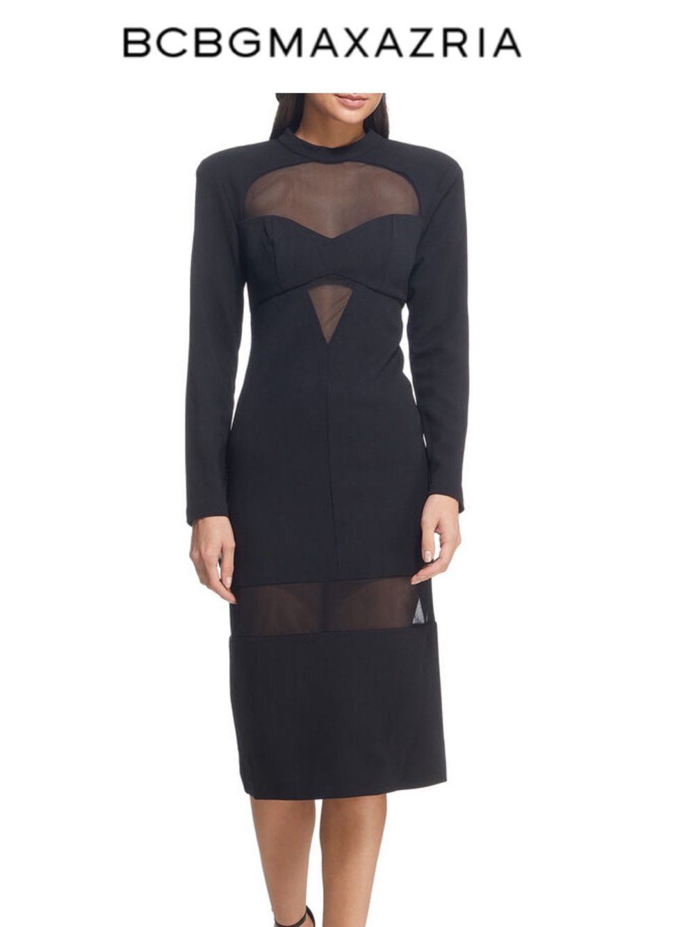 BCBGMaxAzria Black Long-Sleeve Sheer-Panel Midi Dress